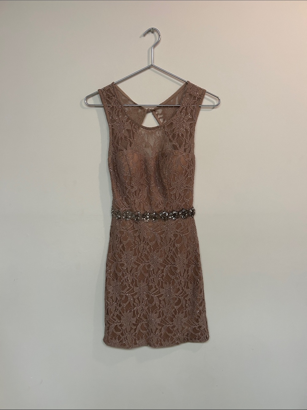 City Triangles Mauve Lace Mini Dress with Beaded Waist